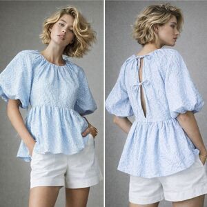 Tuckernuck Hyacinth House Julia Jacquard Puff Sleeve Babydoll Top S  Preppy Blue